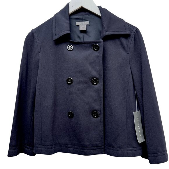 ANN TAYLOR Navy Blue Blazer 12 Petite Double Breasted Womens Crop Jacket NWT - Picture 1 of 10